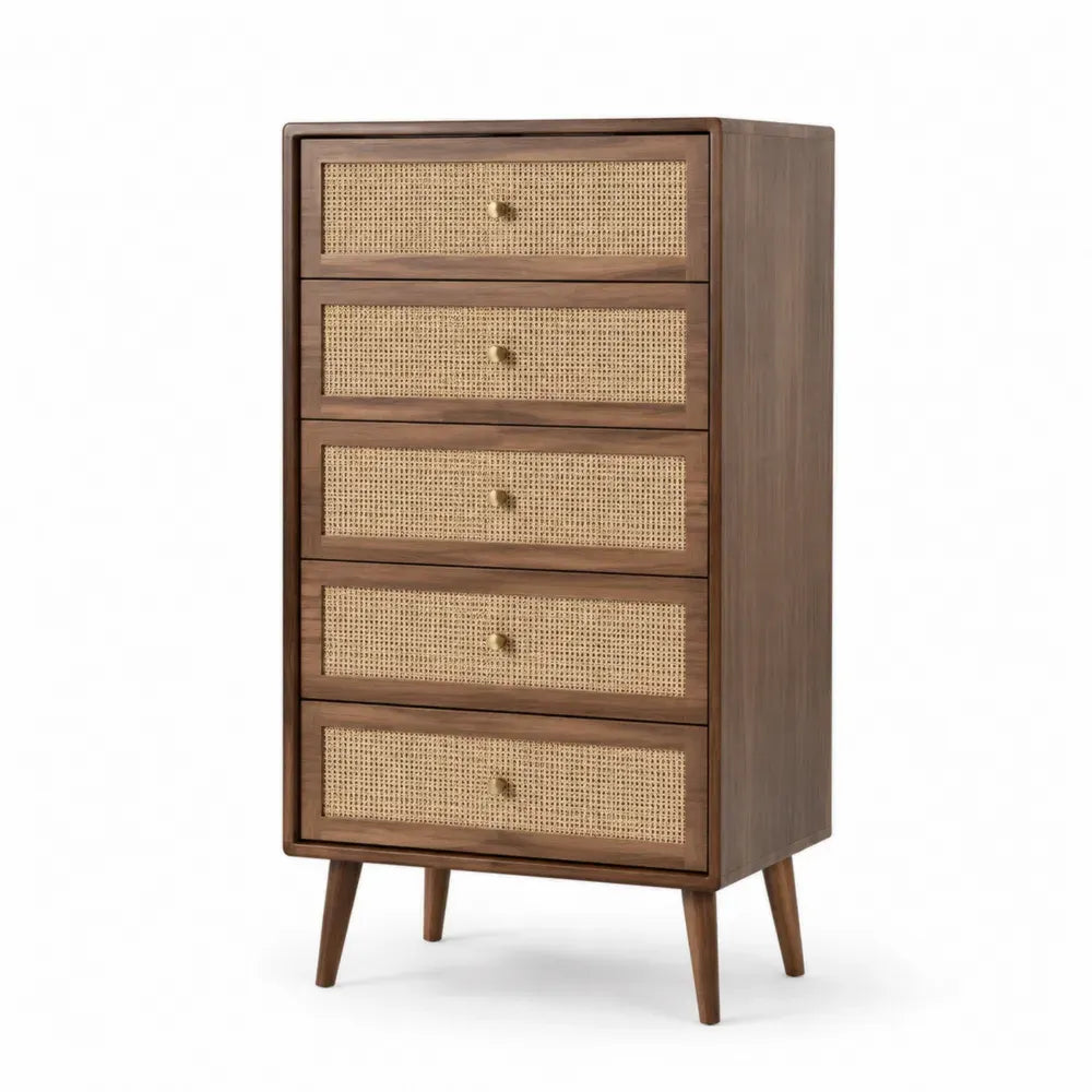 Cómoda de 5 cajones con frentes de ratán estructura de madera maciza patas cónicas color madera natural 80 cm x 40 cm x 120 cm