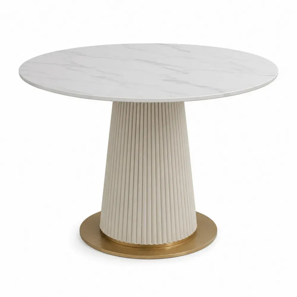 Mesa de comedor redonda con tablero efecto mármol base cilíndrica estriada de MDF y metal acabado dorado 110 cm de diámetro