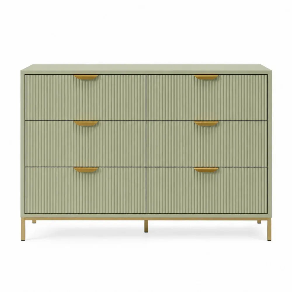 Cómoda de 6 cajones de MDF con frentes acanalados estructura de acero patas metálicas doradas color verde 120 cm x 40 cm x 90 cm