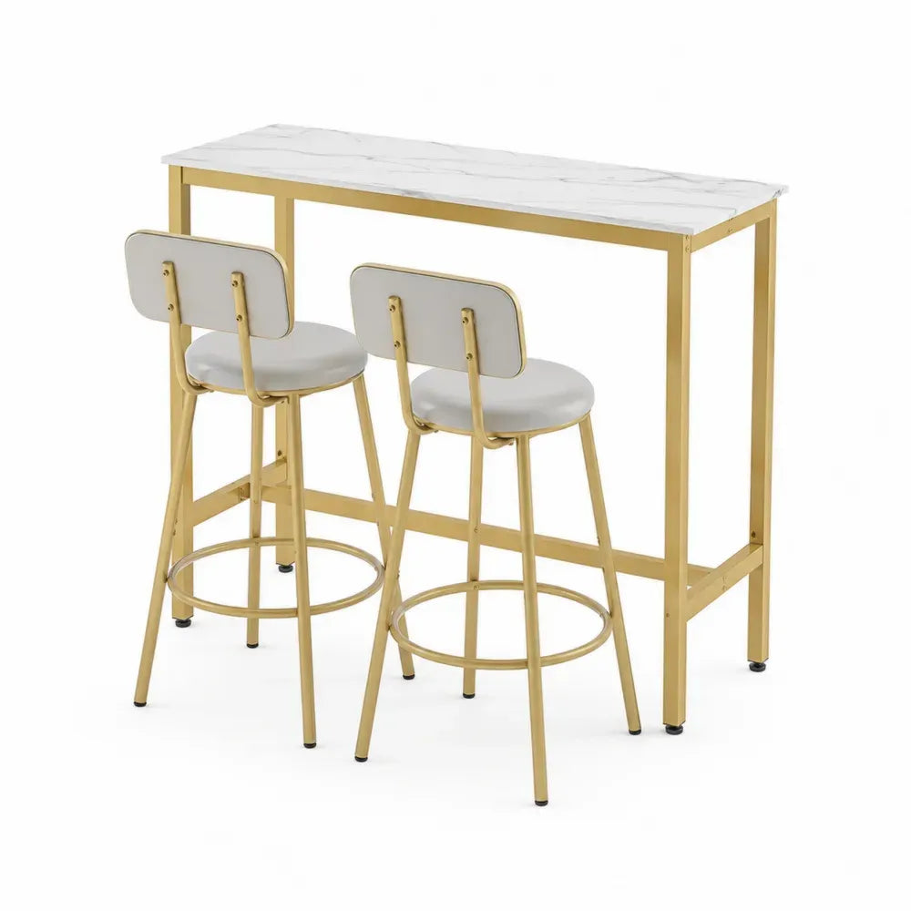 Conjunto de mesa alta de cocina con taburetes encimera efecto mármol estructura metálica dorada 120 cm x 45 cm x 100 cm blanco dorado beige