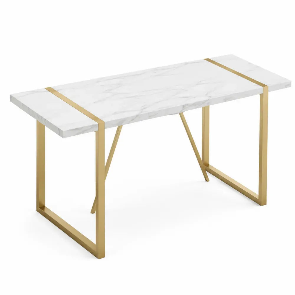 Mesa de comedor rectangular de piedra sinterizada efecto mármol blanco con estructura metálica dorada 160x80x75 cm color blanco y dorado