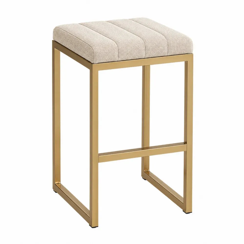 Taburete de bar sin respaldo de metal dorado con asiento tapizado beige estructura de acero diseño moderno 45x45x65 cm