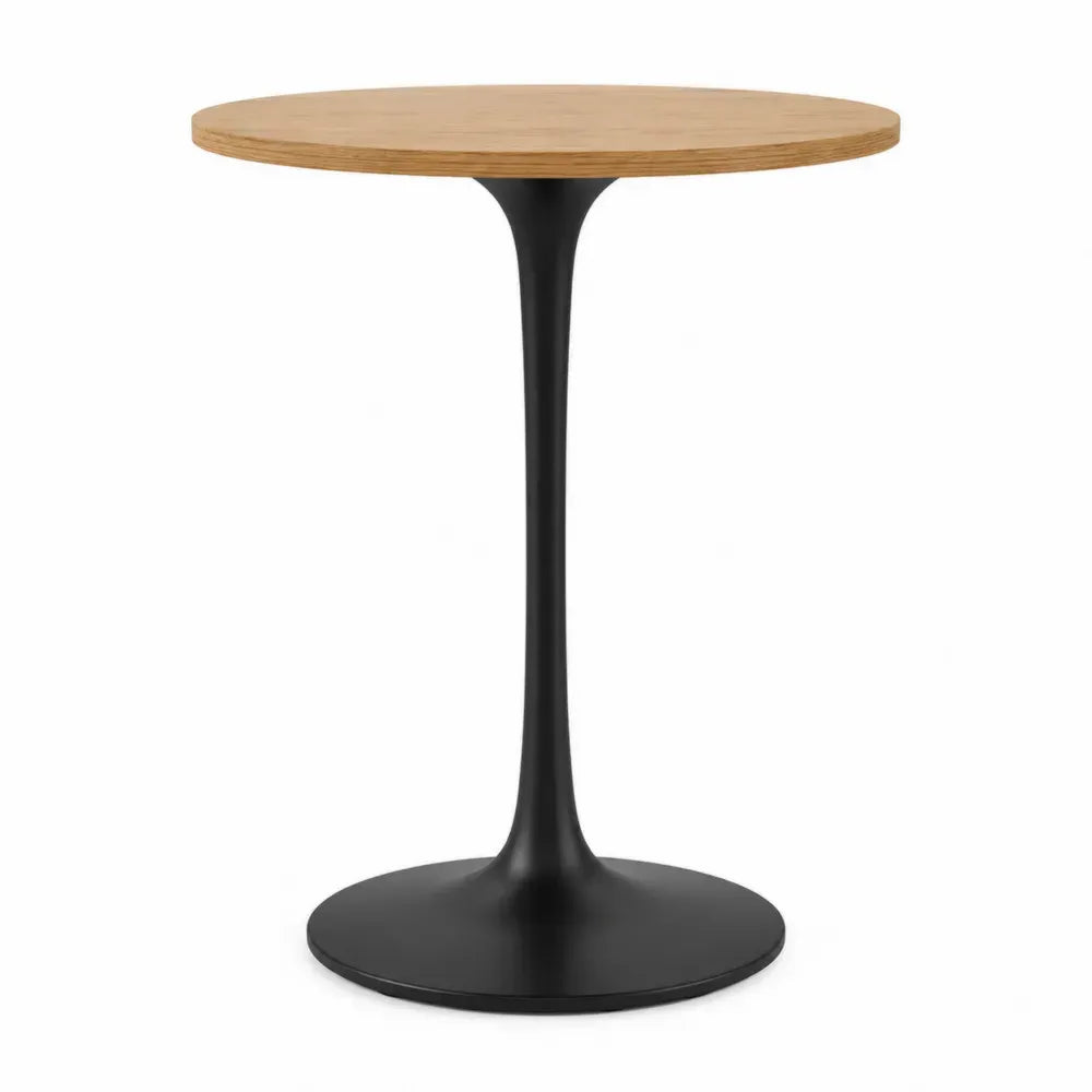 Mesa de comedor redonda de MDF efecto madera con base central de acero negro y tablero madera natural diámetro 70 cm altura 75 cm
