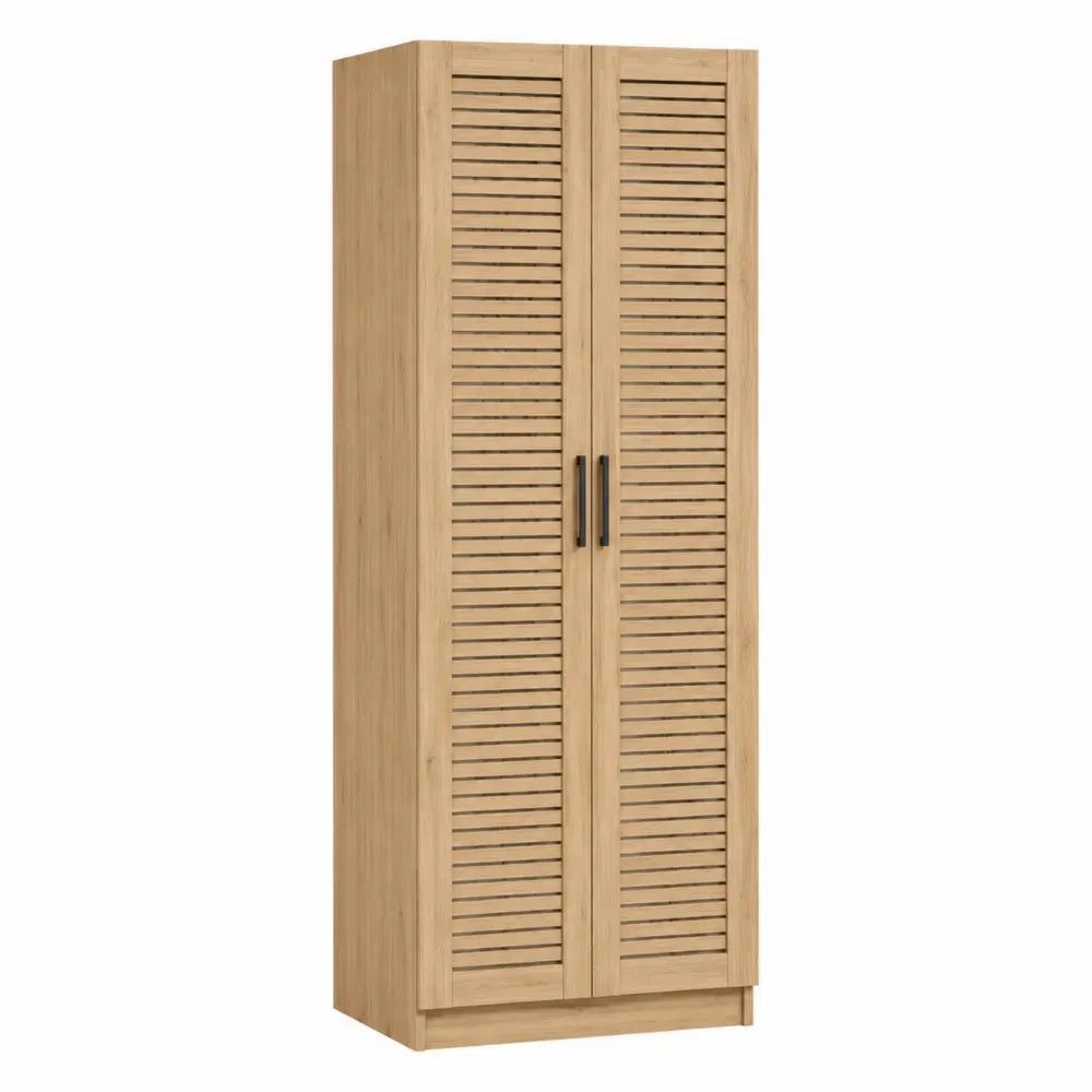 Armario rectangular de 2 puertas con lamas horizontales de MDF efecto roble y tiradores negros 80 x 50 x 180 cm