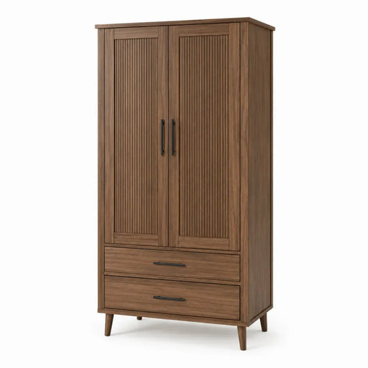Armario rectangular de MDF con chapa de madera natural 100x50x180 cm con 2 puertas y 2 cajones color madera natural