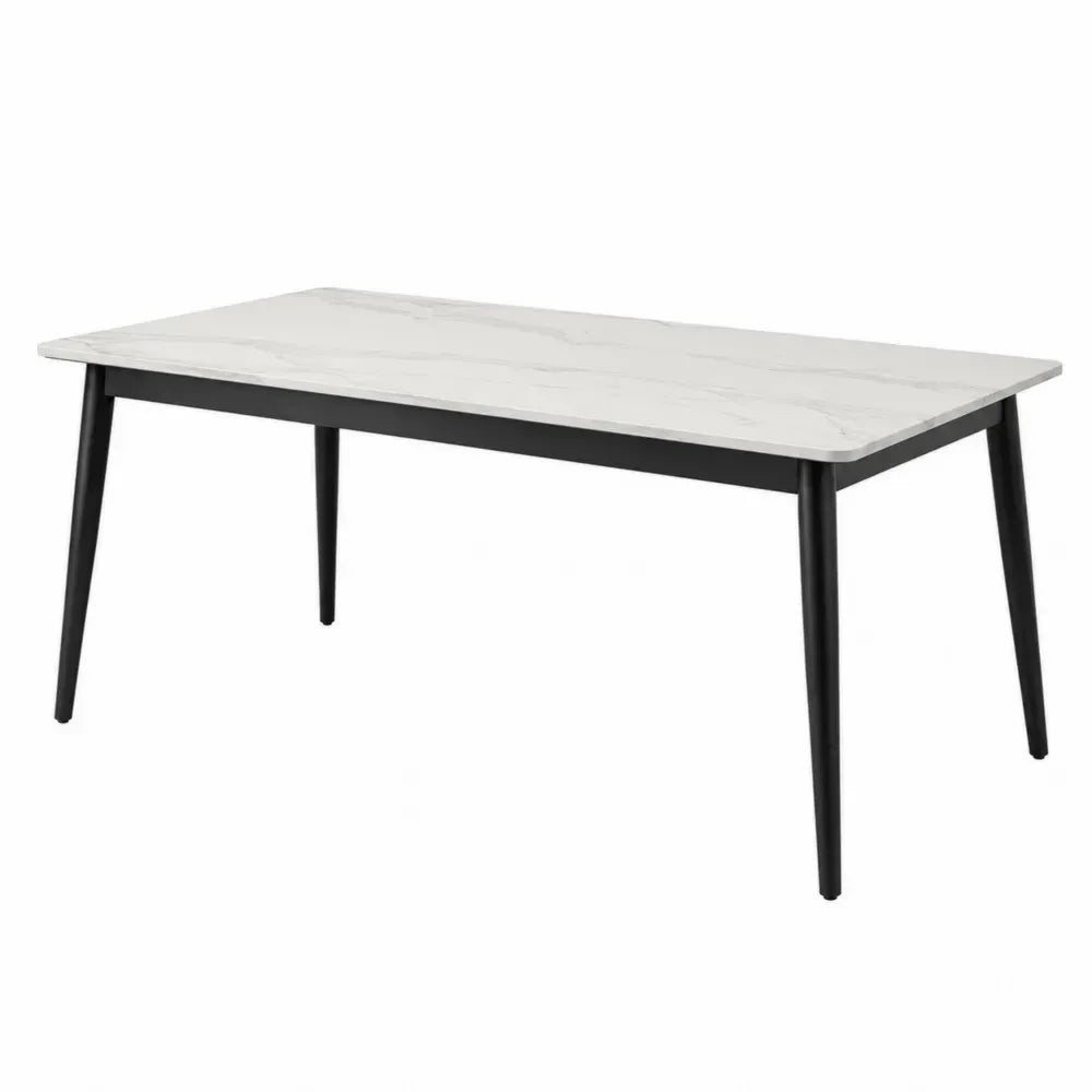 Mesa de comedor con superficie efecto mármol estructura de acero patas metálicas negras 160 cm x 80 cm x 75 cm blanco negro