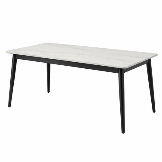 Mesa de comedor con superficie efecto mármol estructura de acero patas metálicas negras 160 cm x 80 cm x 75 cm blanco negro