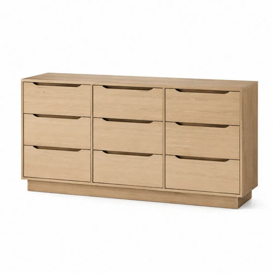 Cómoda rectangular de MDF con chapa de roble claro y 9 cajones 140 x 40 x 75 cm