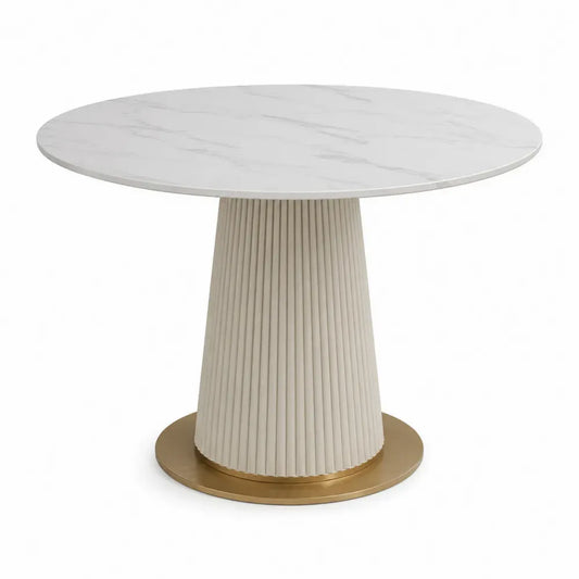 Mesa de comedor redonda con tablero efecto mármol base cilíndrica estriada de MDF y metal acabado dorado 110 cm de diámetro