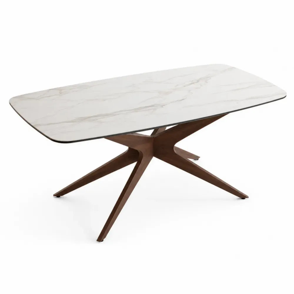 Mesa de comedor rectangular de tablero efecto mármol blanco con base de madera maciza en cruz 160x90x75 cm color blanco mármol y madera natural