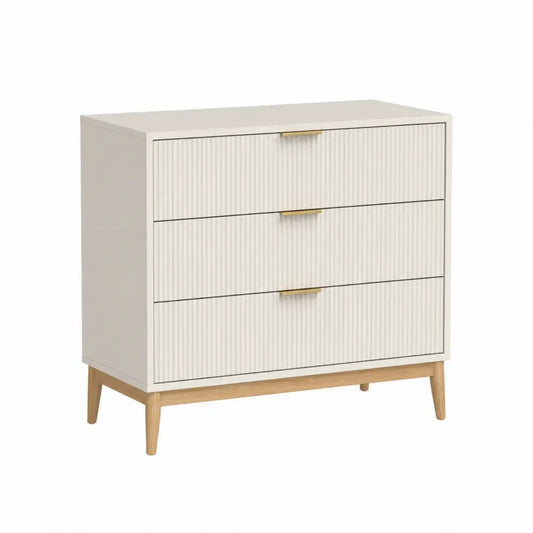 Cómoda rectangular de MDF con 3 cajones acanalados y patas de madera blanco roto madera natural y dorado 80 x 40 x 80 cm