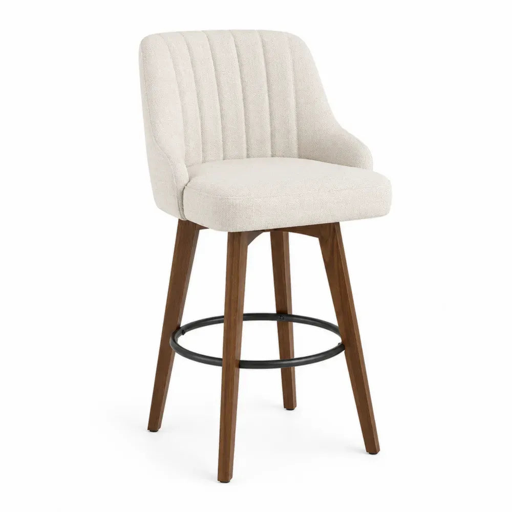Taburete de bar de madera de caucho marrón claro con asiento y respaldo tapizados beige reposapiés negro 45x50x95 cm