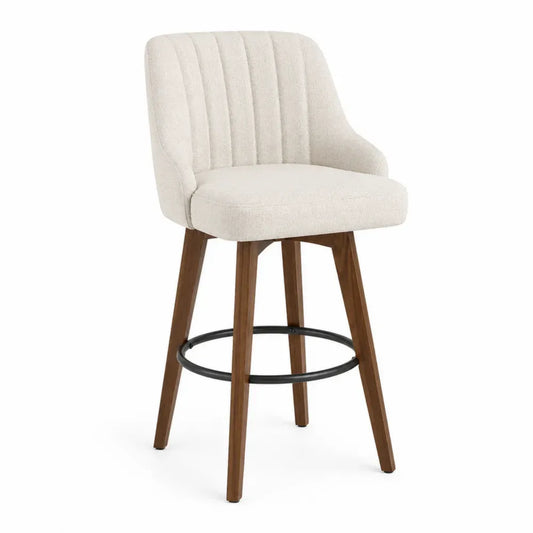 Taburete de bar de madera de caucho marrón claro con asiento y respaldo tapizados beige reposapiés negro 45x50x95 cm