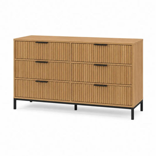 Cómoda rectangular de MDF con chapa de roble 140 cm 6 cajones color roble natural con patas de acero negro