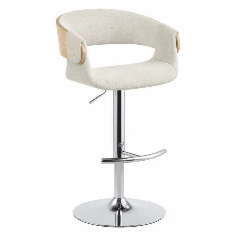 Taburete de bar giratorio regulable con asiento tapizado beige respaldo curvo madera natural base cromada 50x50x85-105 cm