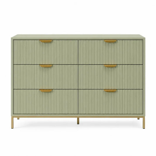 Cómoda de 6 cajones de MDF con frentes acanalados estructura de acero patas metálicas doradas color verde 120 cm x 40 cm x 90 cm