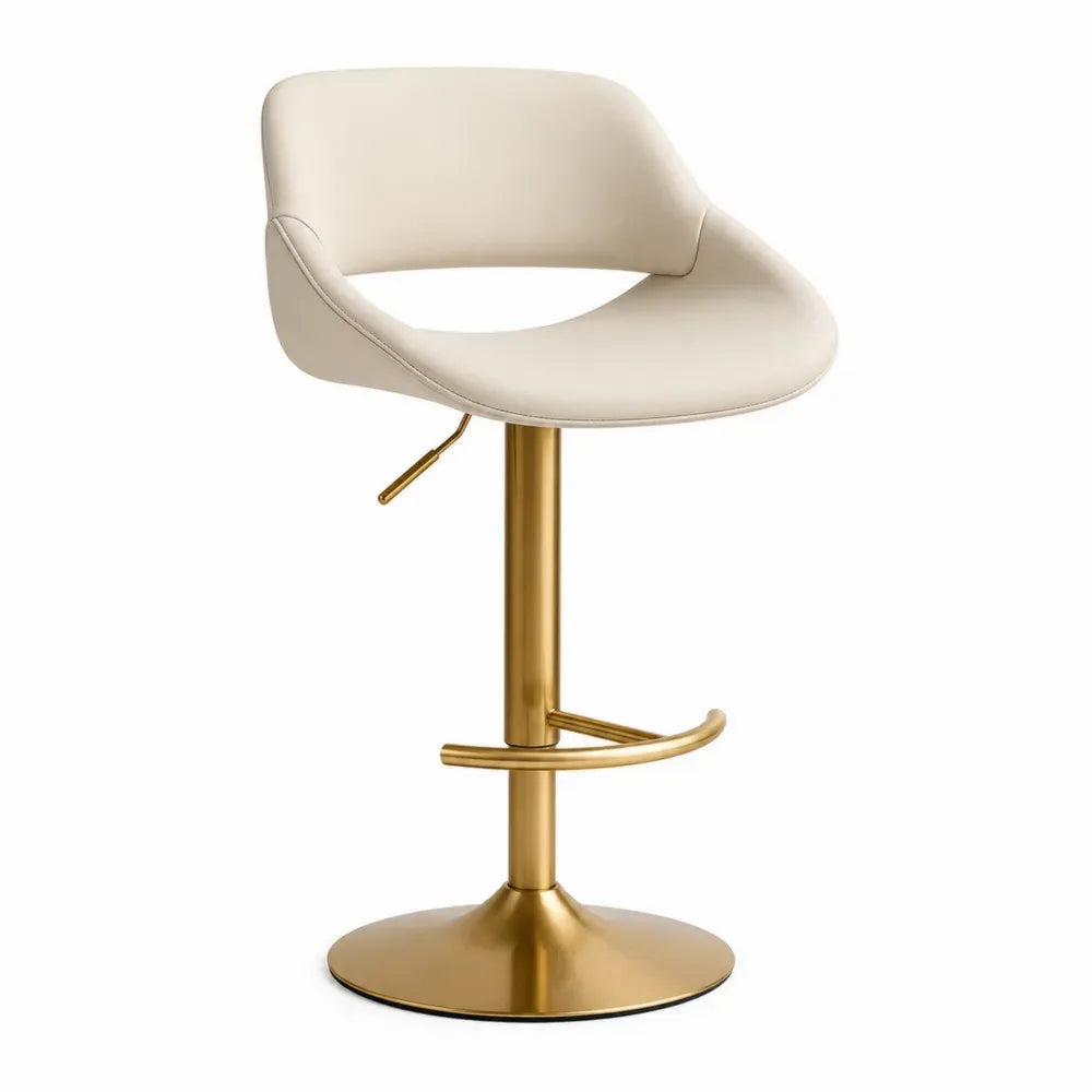 Taburete de bar giratorio regulable con asiento de cuero PU crema respaldo curvo base metálica dorada 50x50x85-105 cm