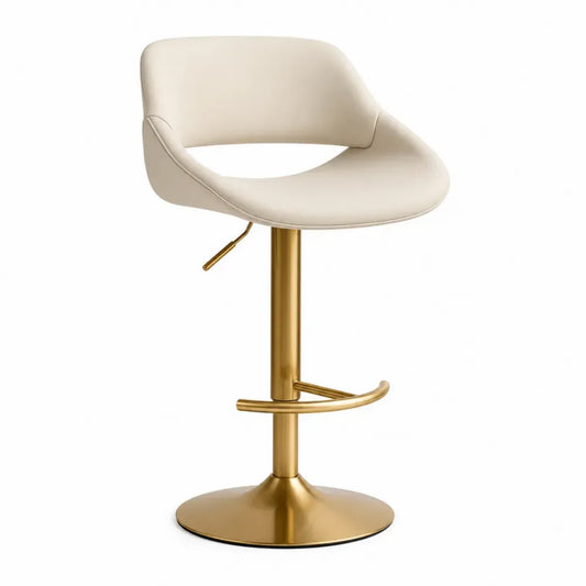 Taburete de bar giratorio regulable con asiento de cuero PU crema respaldo curvo base metálica dorada 50x50x85-105 cm