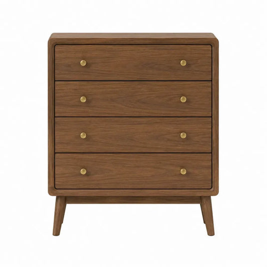 Cómoda de 4 cajones de MDF con chapa de madera natural y patas de madera color madera natural 80 cm x 40 cm x 90 cm