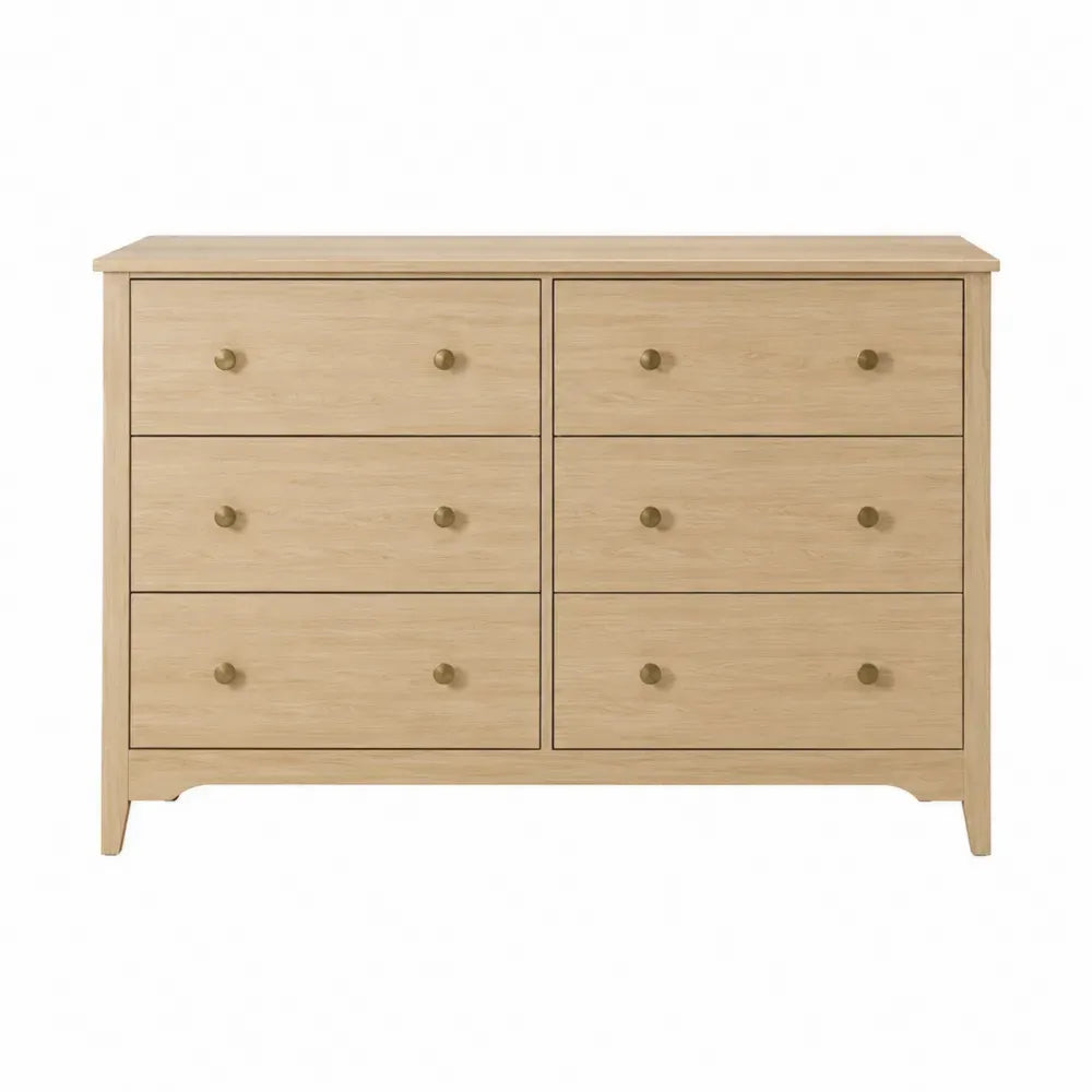 Cómoda rectangular de MDF con chapa de roble y 6 cajones roble natural y dorado 120 x 40 x 80 cm
