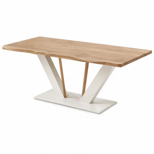 Mesa de comedor rectangular de MDF efecto madera con base central de acero en V blanco y madera natural 160 x 80 x 75 cm