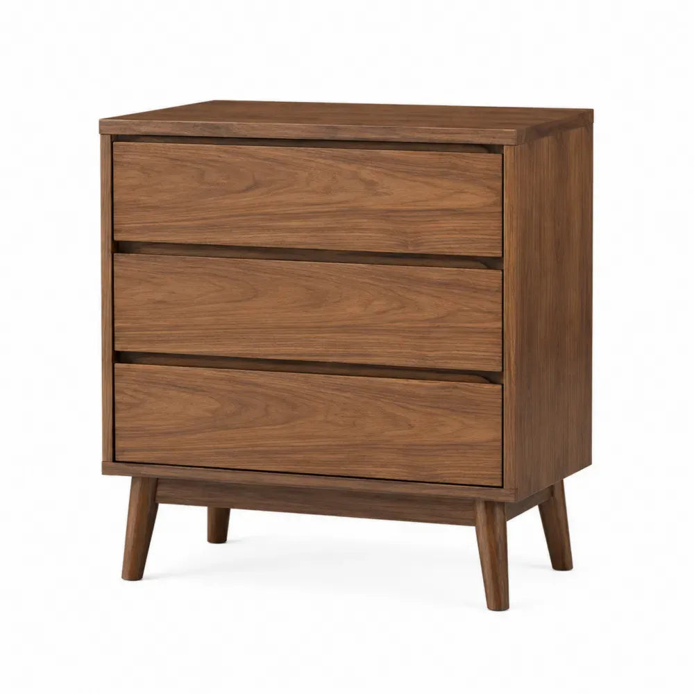 Cómoda de 3 cajones de madera maciza de roble con chapa natural patas inclinadas color madera natural 90 cm x 40 cm x 80 cm