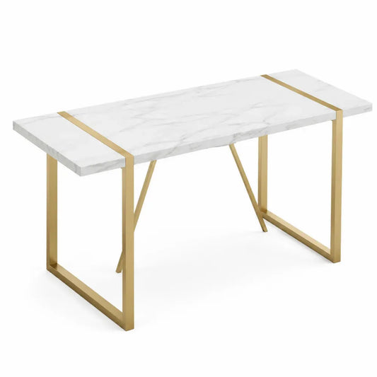 Mesa de comedor rectangular de piedra sinterizada efecto mármol blanco con estructura metálica dorada 160x80x75 cm color blanco y dorado