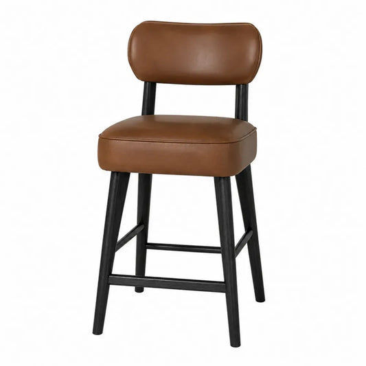 Taburete de bar con respaldo tapizado en PU marrón estructura de madera de caucho negra 43 x 40 x 95 cm