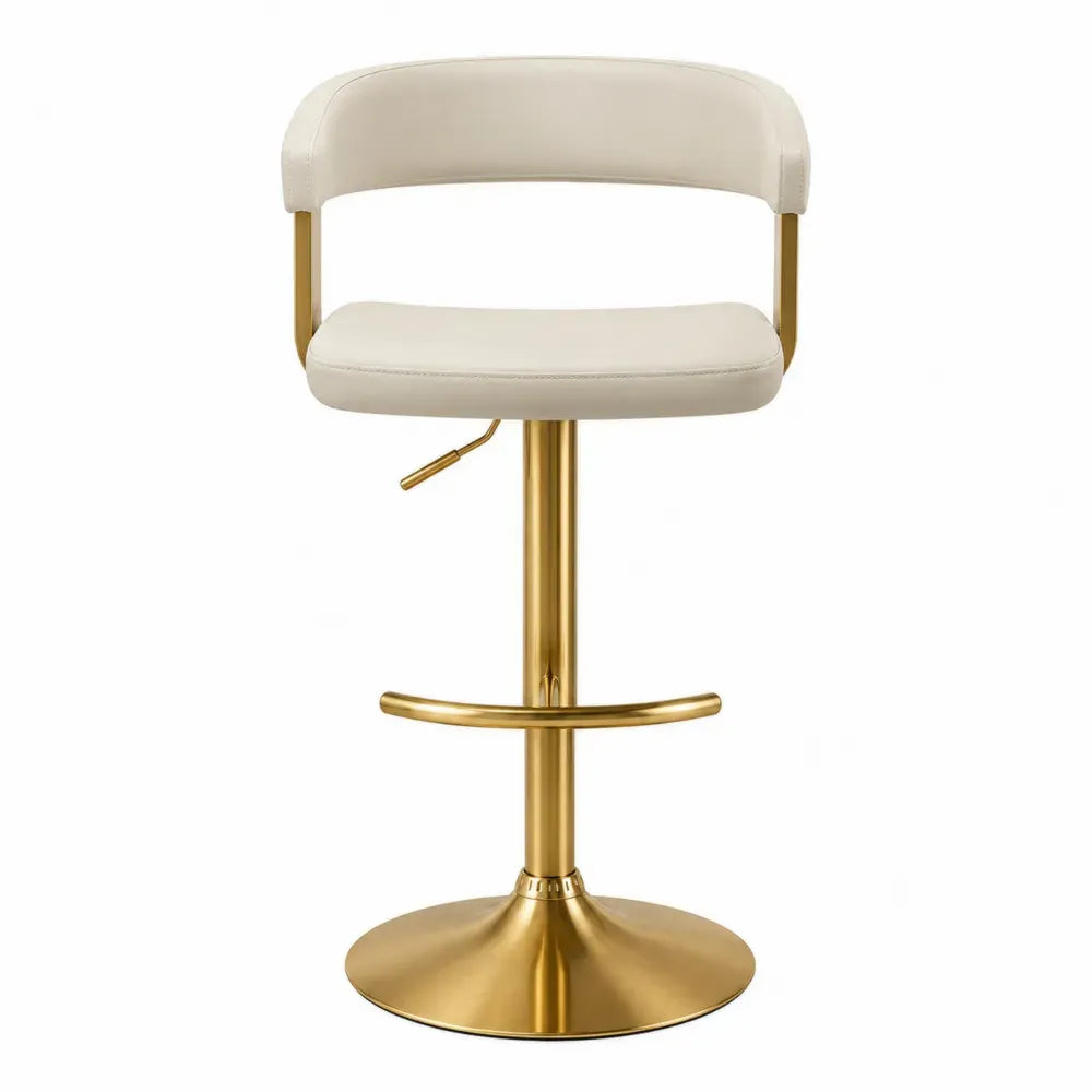 Taburete de bar regulable con respaldo asiento tapizado en tejido crema base giratoria de acero dorado con reposapiés altura ajustable 85-110 cm estilo moderno