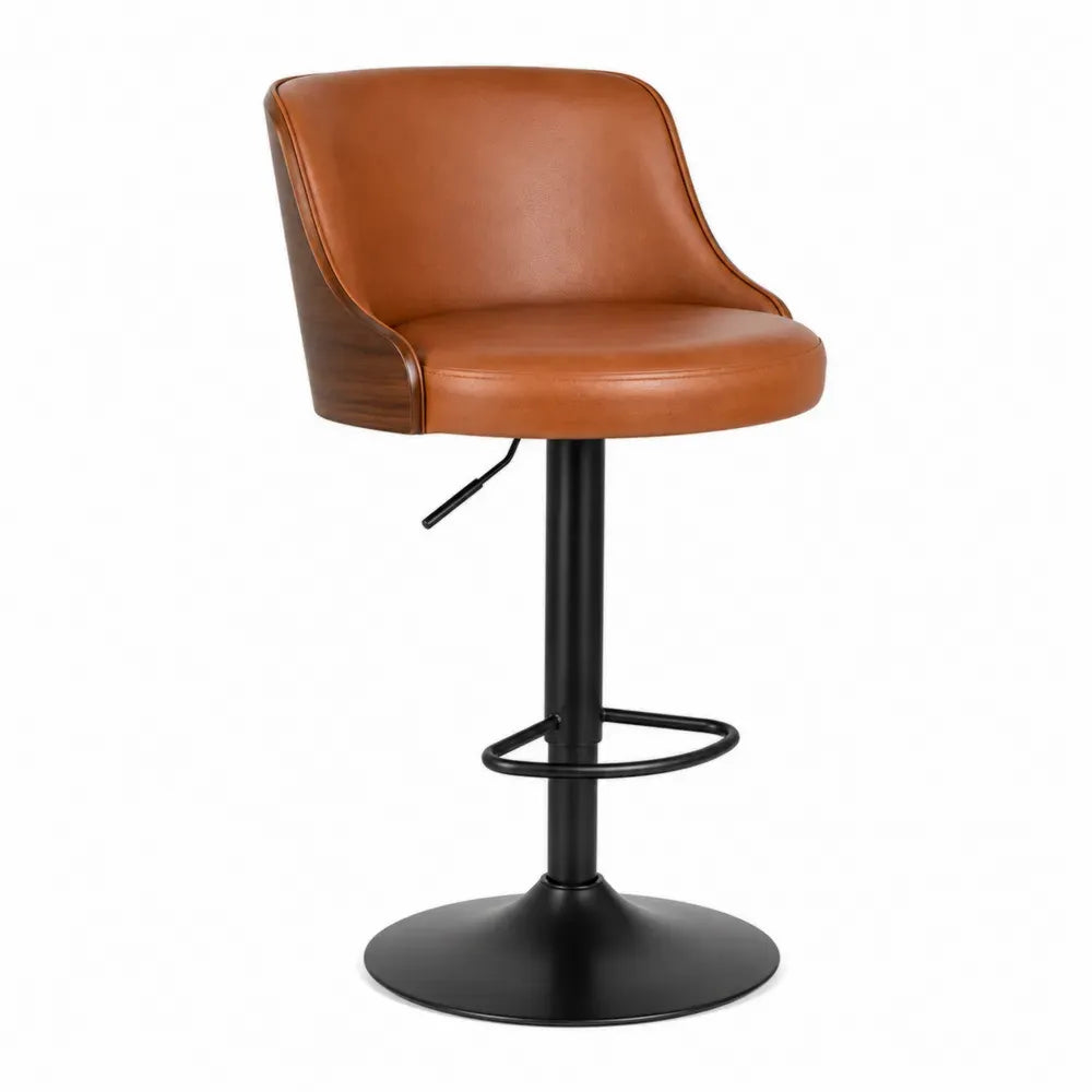 Taburete de bar giratorio regulable con asiento de cuero PU marrón respaldo curvo y base de acero negro 45x42x85-110 cm