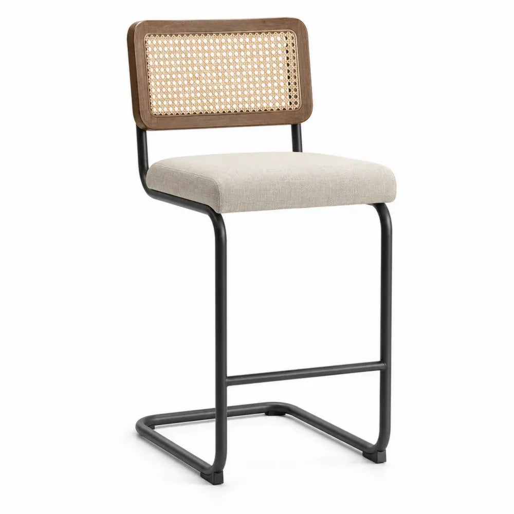 Taburete de bar fijo con respaldo de rejilla de ratán asiento tapizado estructura metálica negra madera natural beige 45 cm x 50 cm x 95 cm
