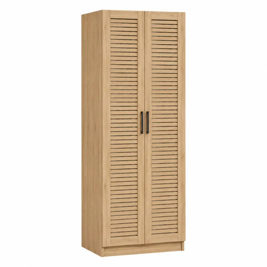 Armario rectangular de 2 puertas con lamas horizontales de MDF efecto roble y tiradores negros 80 x 50 x 180 cm