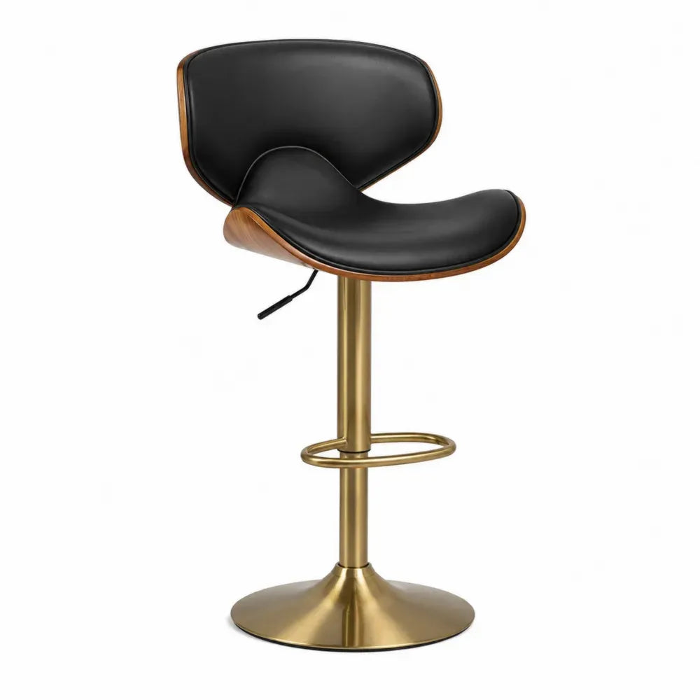 Taburete de bar giratorio regulable con asiento de cuero PU negro respaldo curvo efecto nogal y base de acero dorado 50x45x85-105 cm